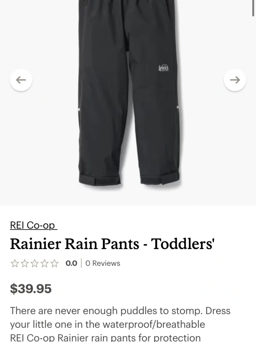 NWOT REI Kids Rainer Black Rain Pants – Lightweight Waterproof Bottoms 4T